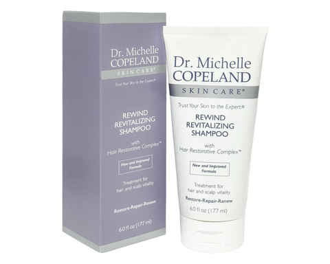 Dr. Michelle Copeland Skin Care Rewind Revitalizing Shampoo packaging and bottle on a white background