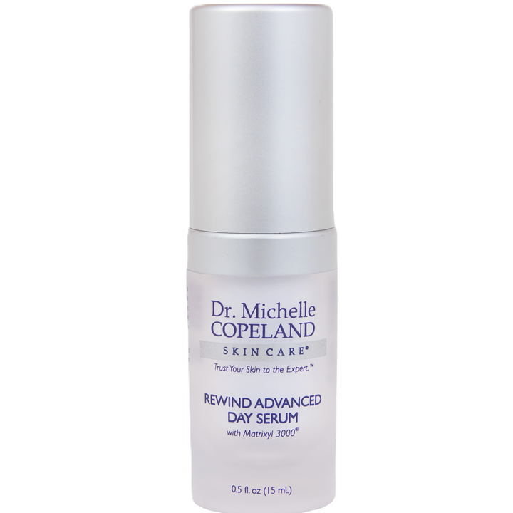 Dr. Michelle Copeland Rewind Advanced Day Serum bottle on a white background