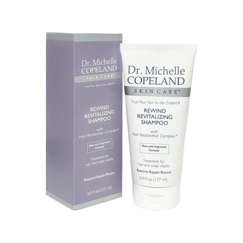 Dr. Michelle Copeland Skin Care Rewind Revitalizing Shampoo packaging and bottle on a white background